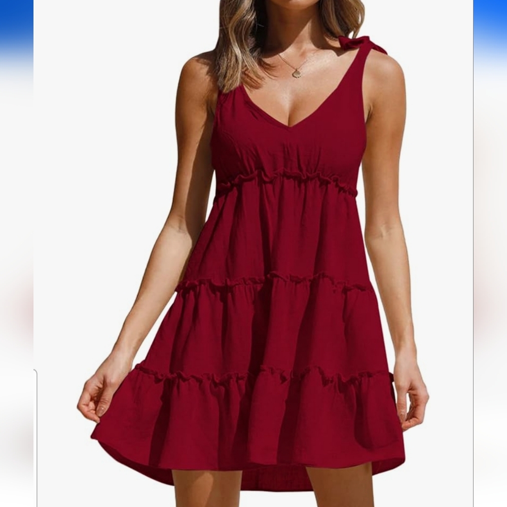 Red Ruffled Tiered Sundress with V-Neck High Waist Solid Swing Mini Dress Size M